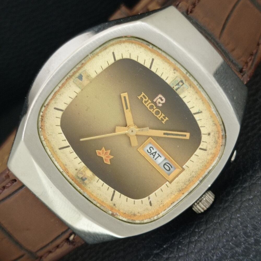 Vintage 1970 Ricoh Automatic Mens Silver Watch W/daydate & Gold accents